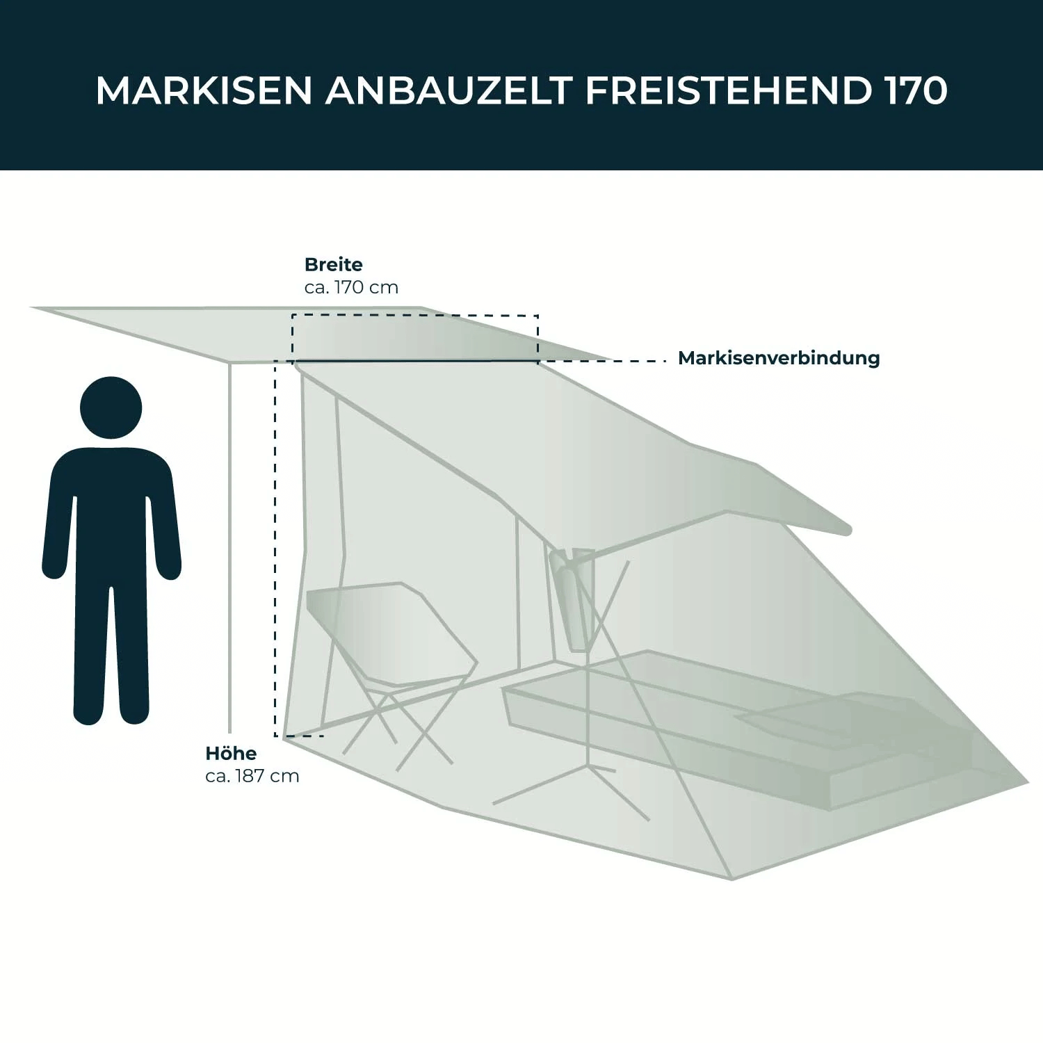 Self-supporting tent space for individual wall for side awning Vickywood